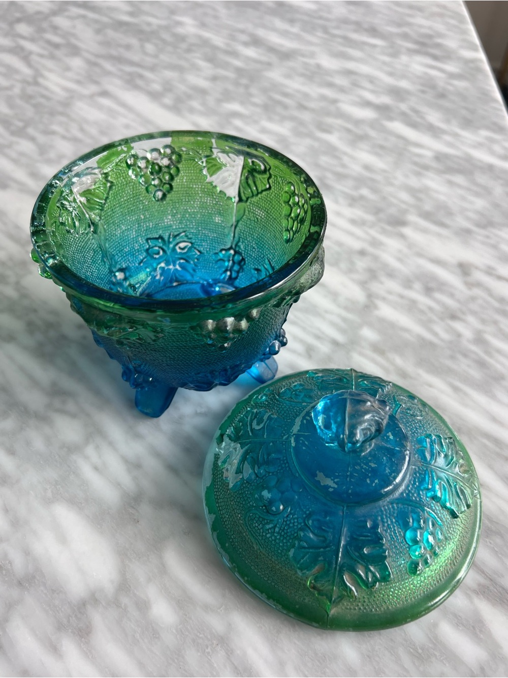 Vintage Flash Glass Blue-Green Decorative Trinket Jar with Lid - Picture 2 of 6
